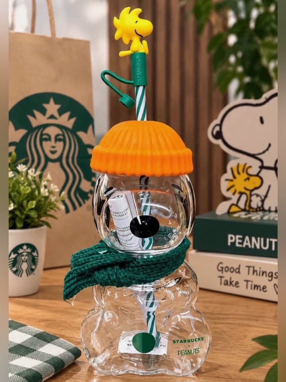 Starbucks Clear Peanuts Snowman Tumbler with Orange Hat and Green Scarf Accents